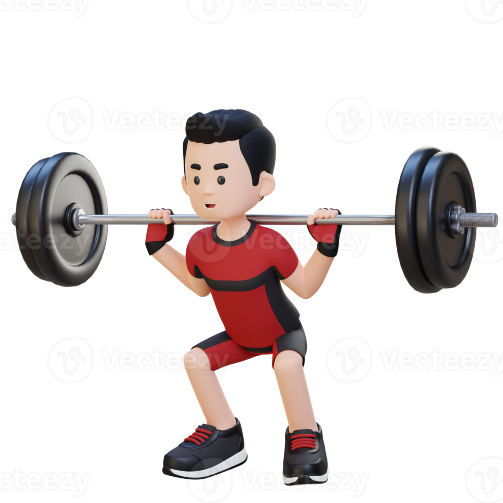 3D Sportsman Character Building Lower Body Strength with Barbell Squat Workout png