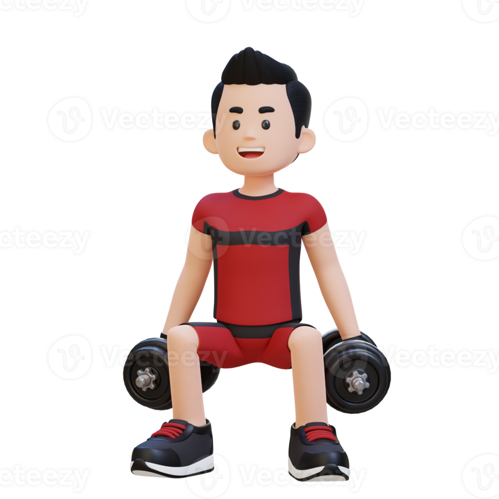 3D Sportsman Character Performing Dumbbell Squats png