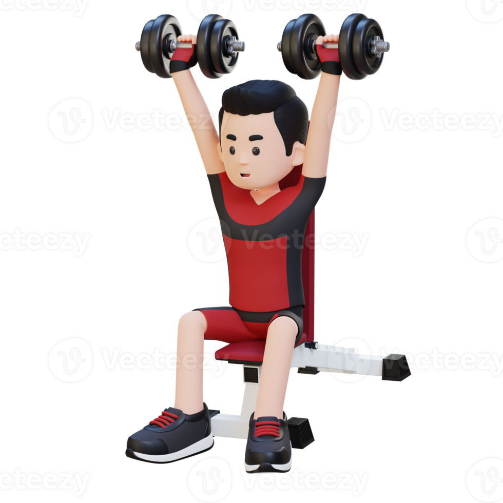 3D Sportsman Character Sculpting Strong Shoulders with Dumbbell Shoulder Bench Press png