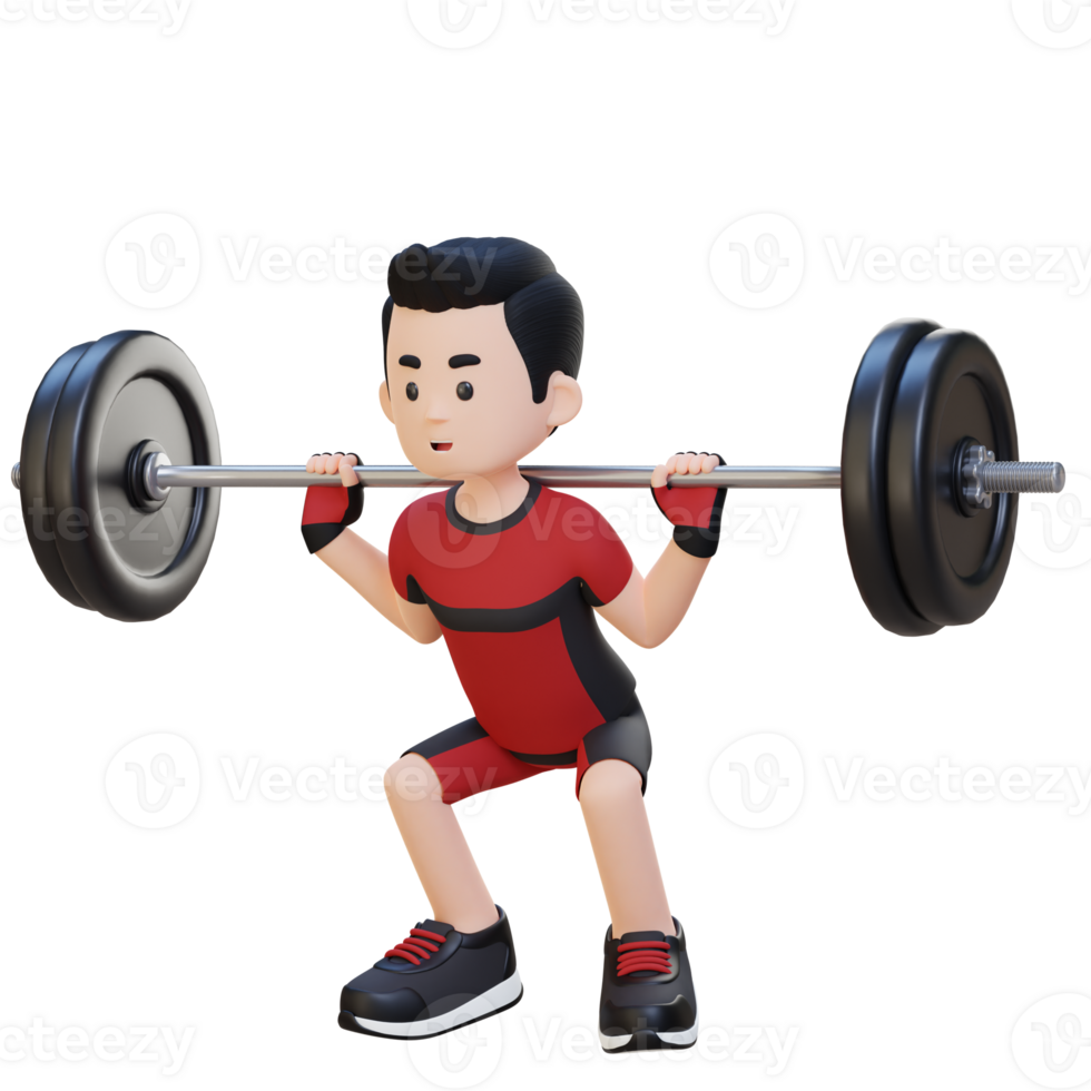 3D Sportsman Character Building Lower Body Strength with Barbell Squat Workout png