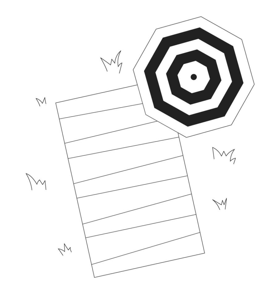 Umbrella beach above, blanket top view monochrome flat vector object. Sunbathing outdoors. Editable black and white thin line icon. Simple cartoon clip art spot illustration for web graphic design
