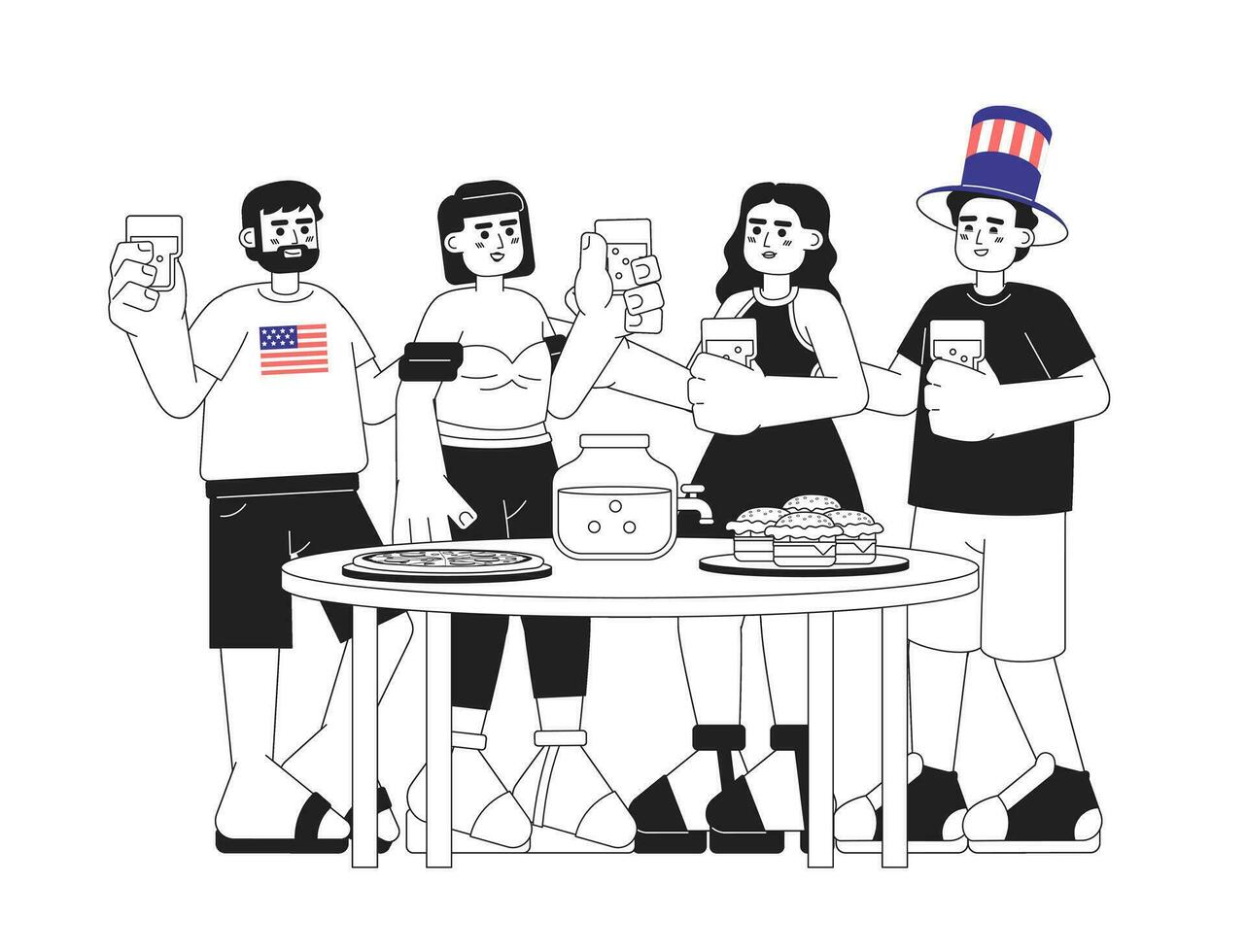 Independence day party monochrome vector spot illustration. Multicultural friends celebrating happy 4th july 2D flat bw cartoon characters for web UI design. Isolated editable hand drawn hero image