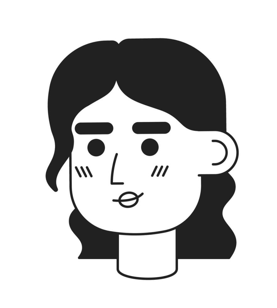 Cute young caucasian lady monochrome flat linear character head. Woman with curly hair. Editable outline hand drawn human face icon. 2D cartoon spot vector avatar illustration for animation