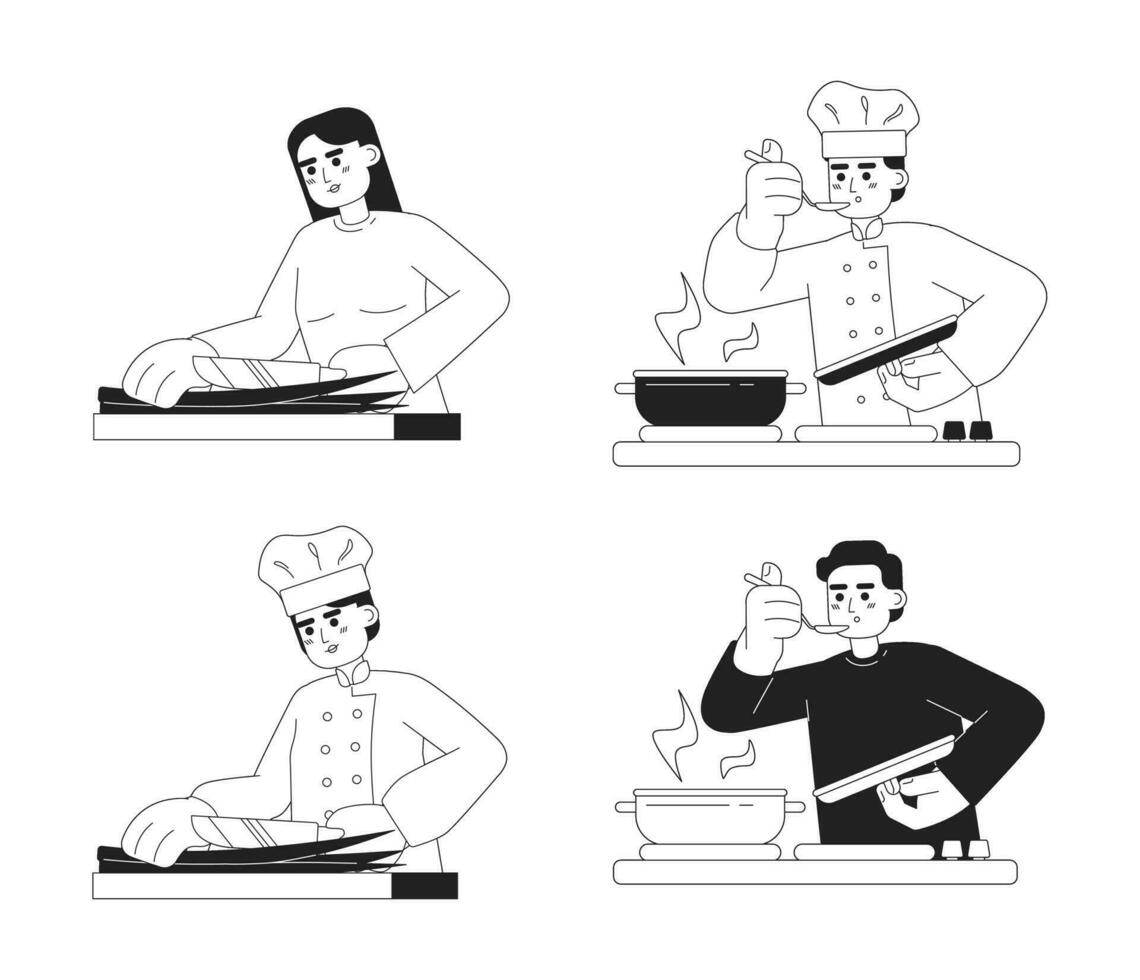 Chefs cooking monochromatic flat vector characters. Editable thin line half body of male and female on white. Food preparation. Simple bw cartoon spot images pack for web graphic design