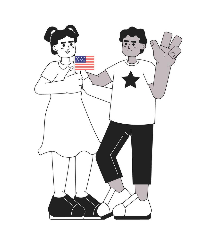 July 4 kids monochrome vector spot illustration. Latina girl and african american boy celebrating america independence day 2D flat bw cartoon characters for web UI design. Isolated editable hero image
