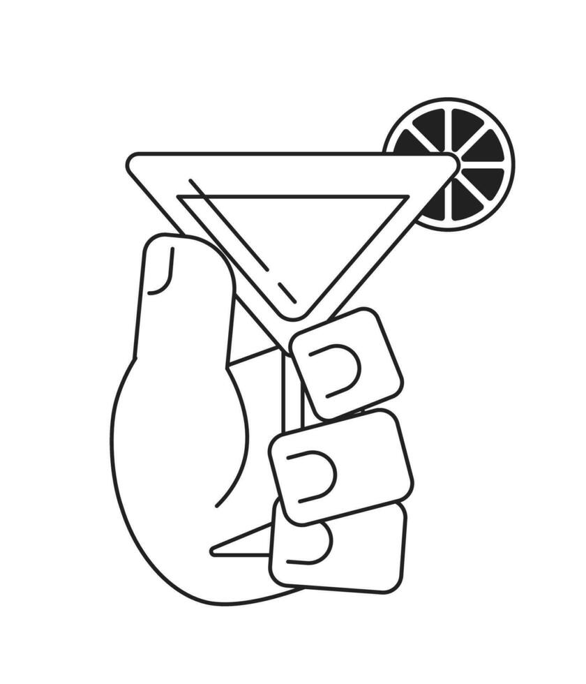 Holding margarita fruit cocktail monochromatic flat vector hand. Alcohol drinking. Martini night. Fruit drink. Editable thin line clip art on white. Simple bw cartoon spot image for web graphic design