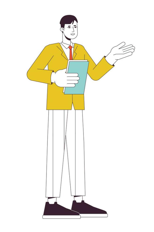 Office man presenting business report at work flat line color vector character. Editable outline full body person on white. Manager with papers simple cartoon spot illustration for web graphic design