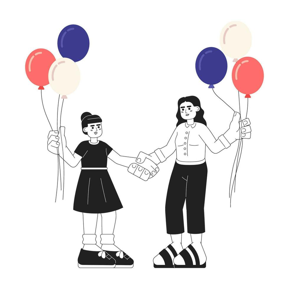 Mother and daughter with patriotic balloons monochrome vector spot illustration. Arab family 2D flat bw cartoon characters for web UI design. 4th independence day isolated editable hero image