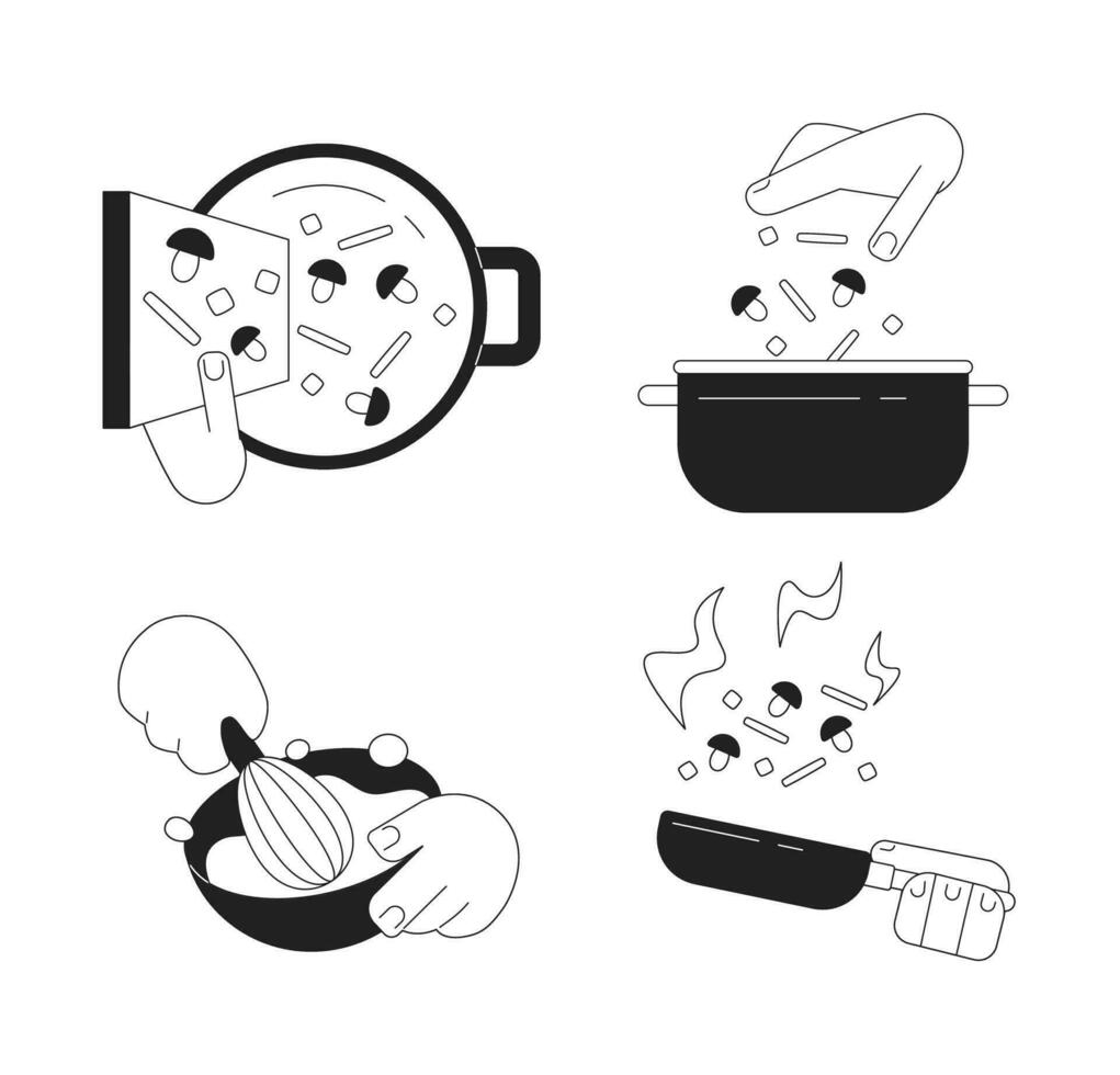 Cooking process monochrome flat vector objects set. Food preparation editable cartoon clip art icons on white background. Simple spot illustration pack for web graphic design