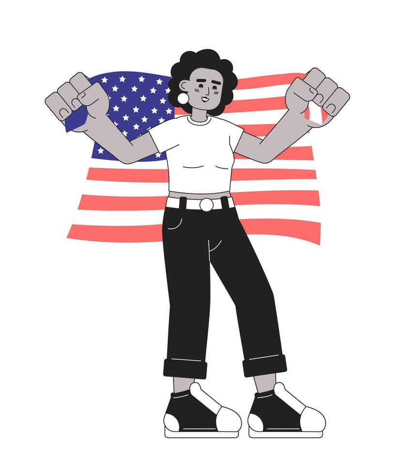 4th of july celebration monochrome vector spot illustration. African american woman holding american flag 2D flat bw cartoon character for web UI design. Isolated editable hand drawn hero image