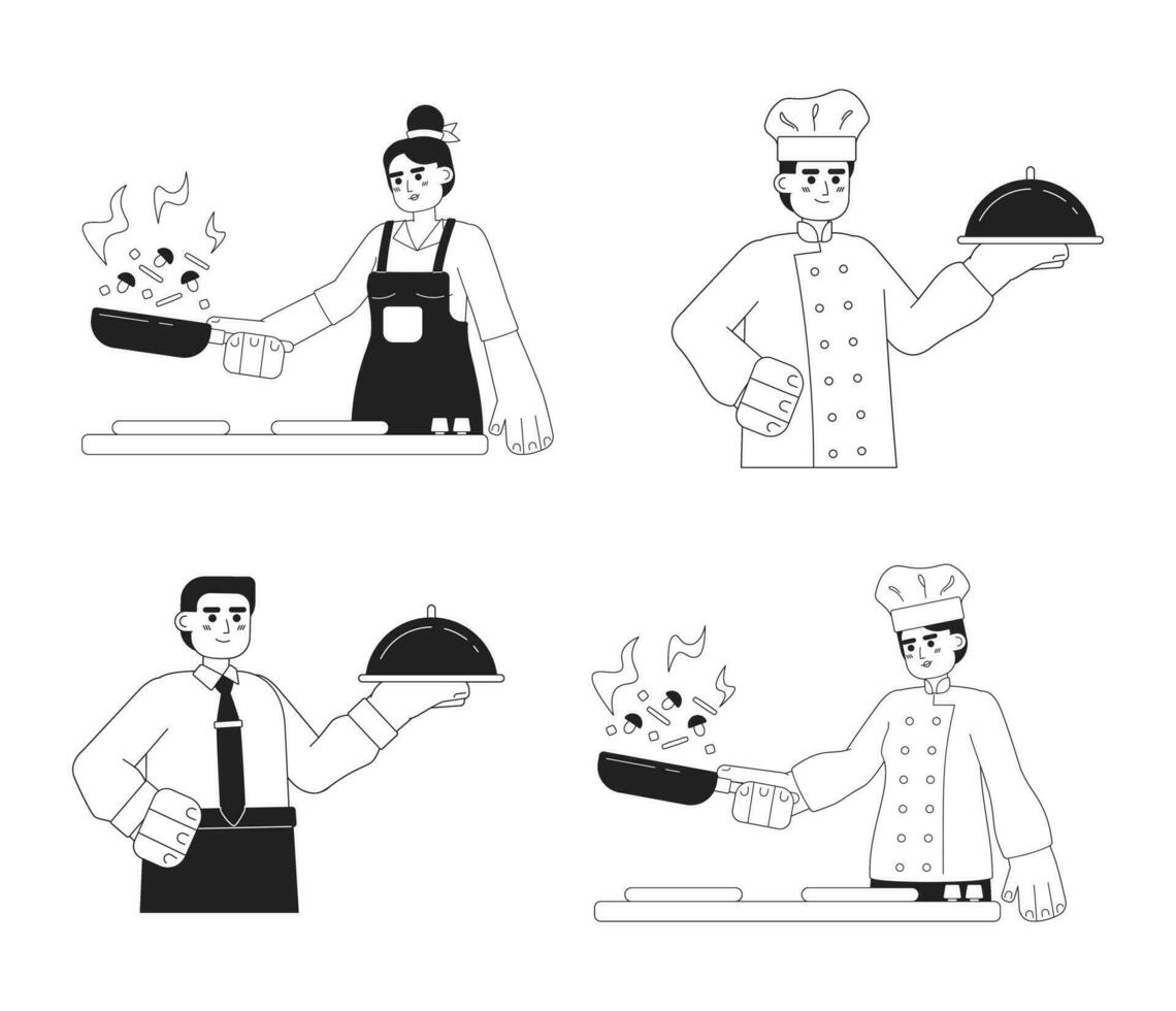 People cooking monochromatic flat vector characters. Editable half body of male and female on white. Food serving. Simple bw cartoon spot images pack for web graphic design