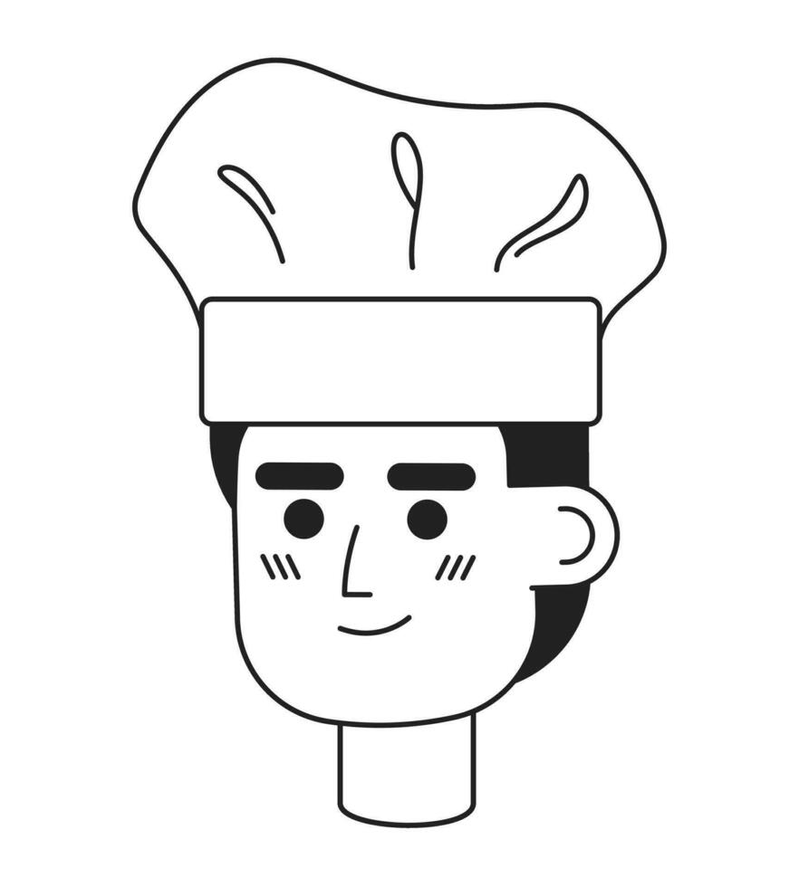 Cheerful caucasian young man in chef hat monochrome flat linear character head. Chef in uniform. Editable outline hand drawn human face icon. 2D cartoon spot vector avatar illustration for animation