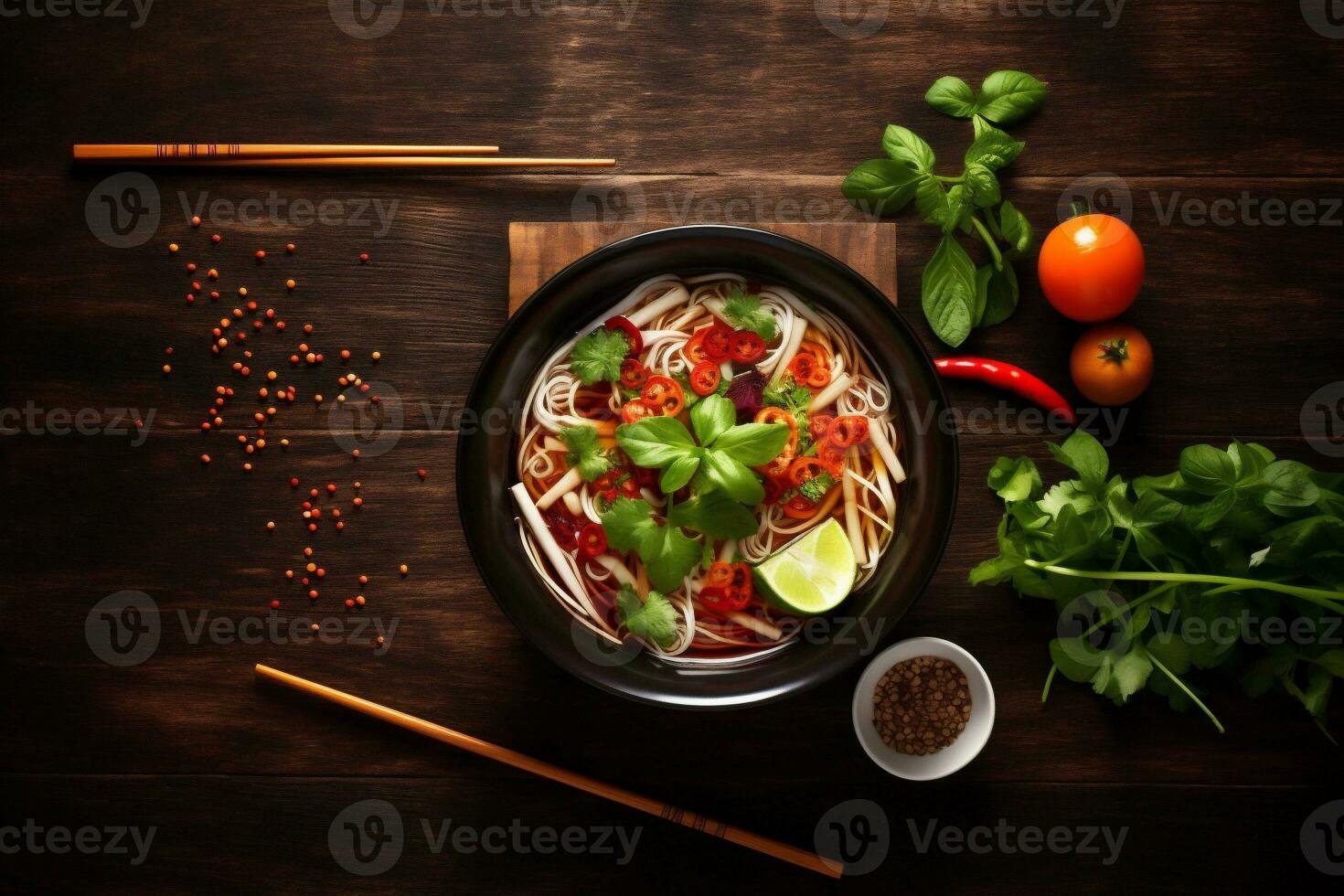 meal soup background broth vegetable noodle hot bowl japanese asian food. Generative AI. photo