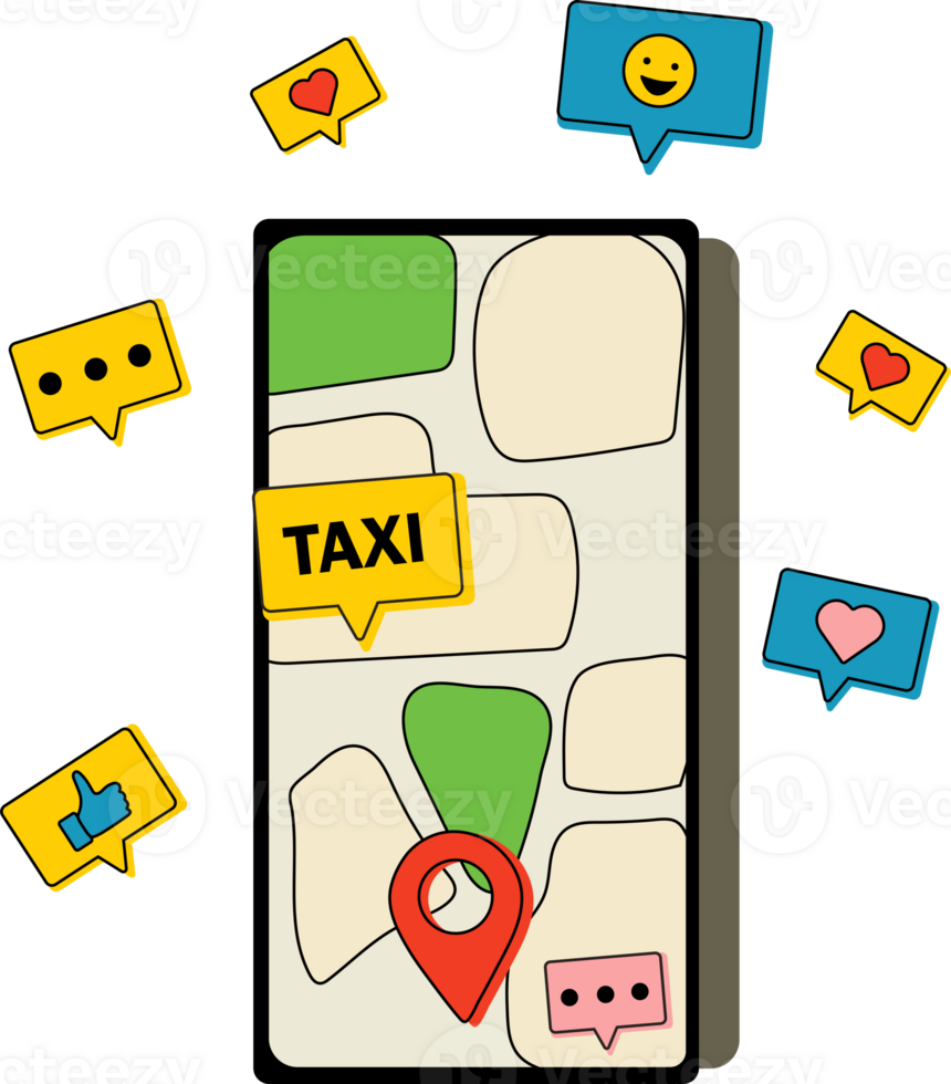 Phone with app taxi on screen and decorative design elements png