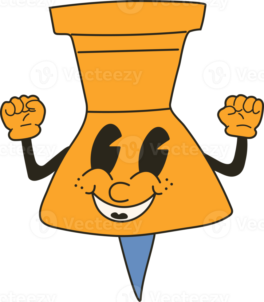 Drawing Pin as School Item 30s cartoon mascot character 40s, 50s, 60s old animation style. Cartoon cheerful school mascot png