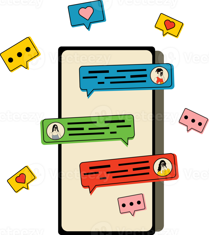 Phone with short messages, icons and emoticons. Chatting with friends and sending new messages. Communication, social networking concept. png