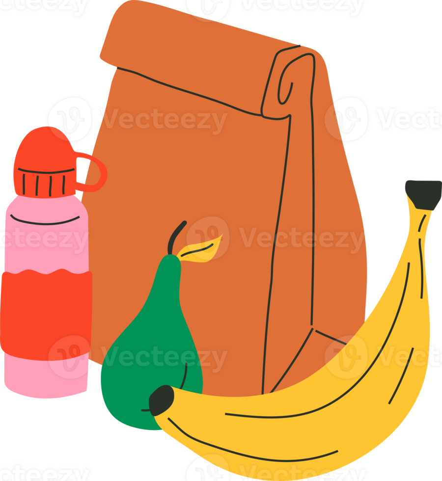 School lunch box, paper bag. Various food. Hand drawn. Isolated