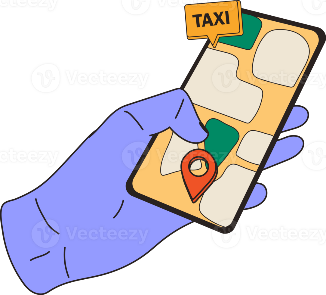 Hand holding phone with app taxi on screen and decorative design elements png