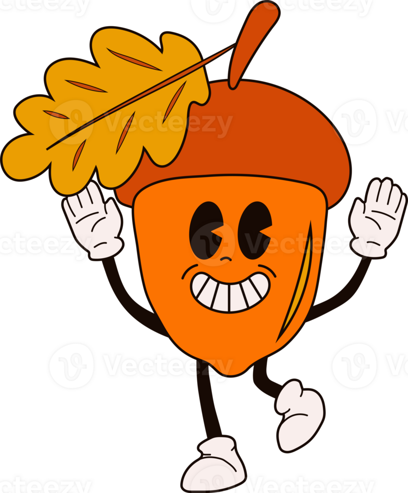 Cute happy funny acorn 30s cartoon mascot character 40s, 50s, 60s old animation style. png