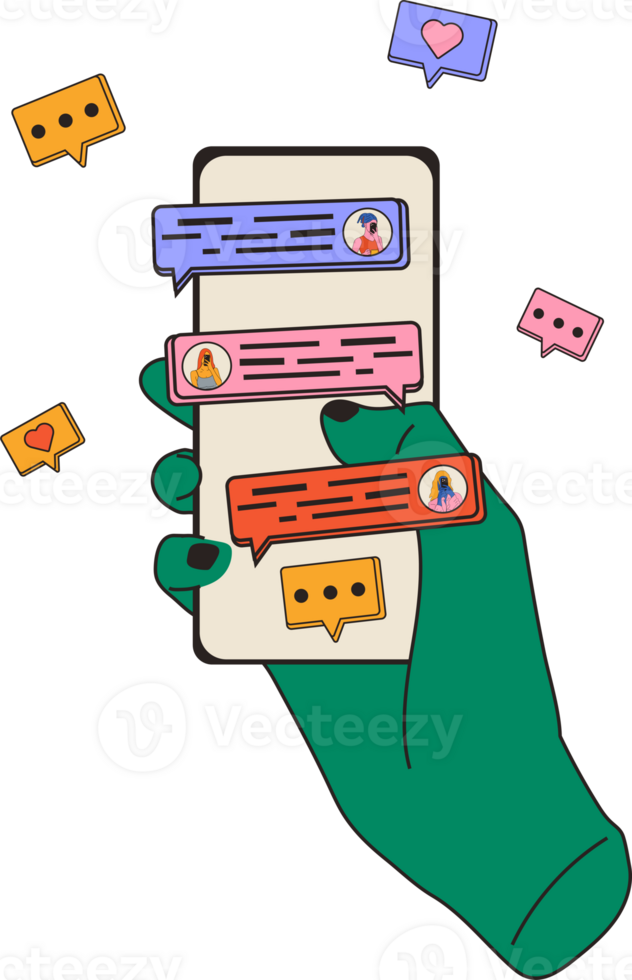 hand- Holding telefoon met kort berichten, pictogrammen en emoticons. chatten met vrienden en Bezig met verzenden nieuw berichten. communicatie, sociaal netwerken concept. png