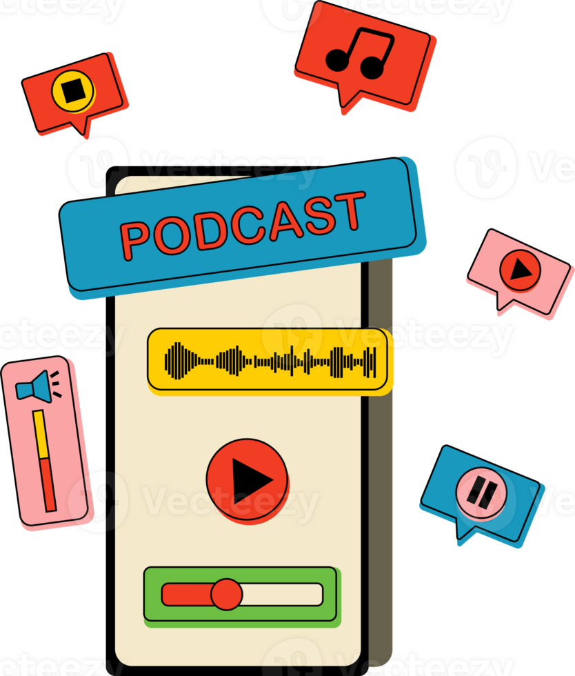 Phone with podcast on screen and decorative design elements. Communication, social networking concept png
