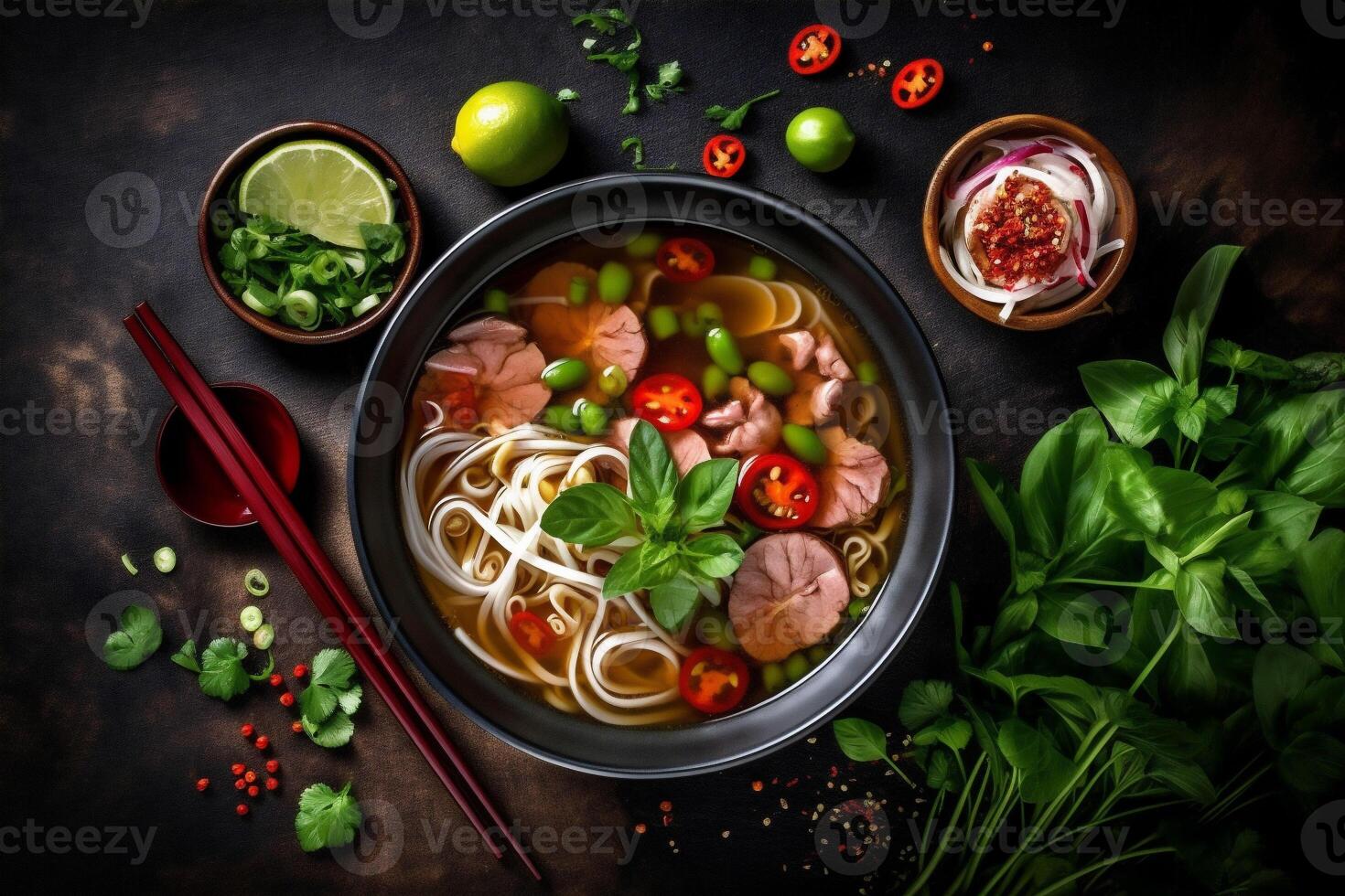 vegetal asiático comida antecedentes fideos sopa caliente japonés comida cuenco fresco. generativo ai. foto