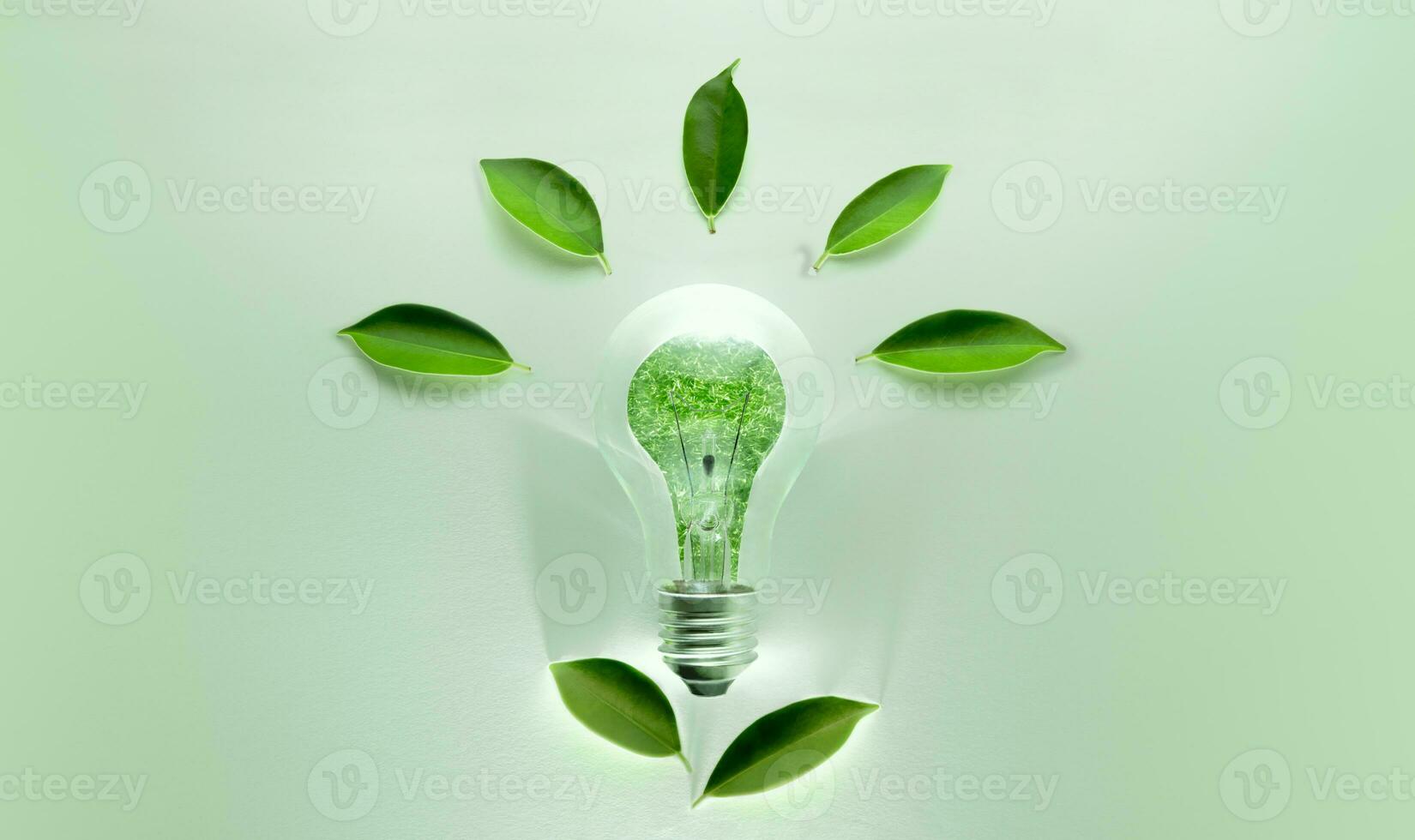Green Energy Concepts. Wireless Light Bulb with Green Leaf form as Sign of Lights On. Carbon Neutral and Emission ,ESG for Clean Energy. Sustainable Resources, Renewable and Environmental Care photo