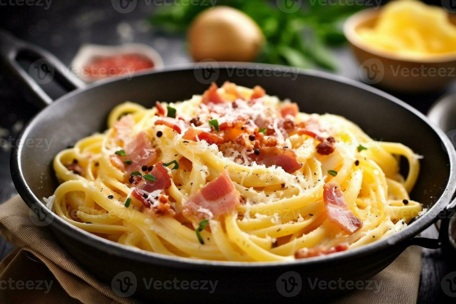 pasta cheese italian meat spaghetti sauce carbonara bacon food meal. Generative AI. photo