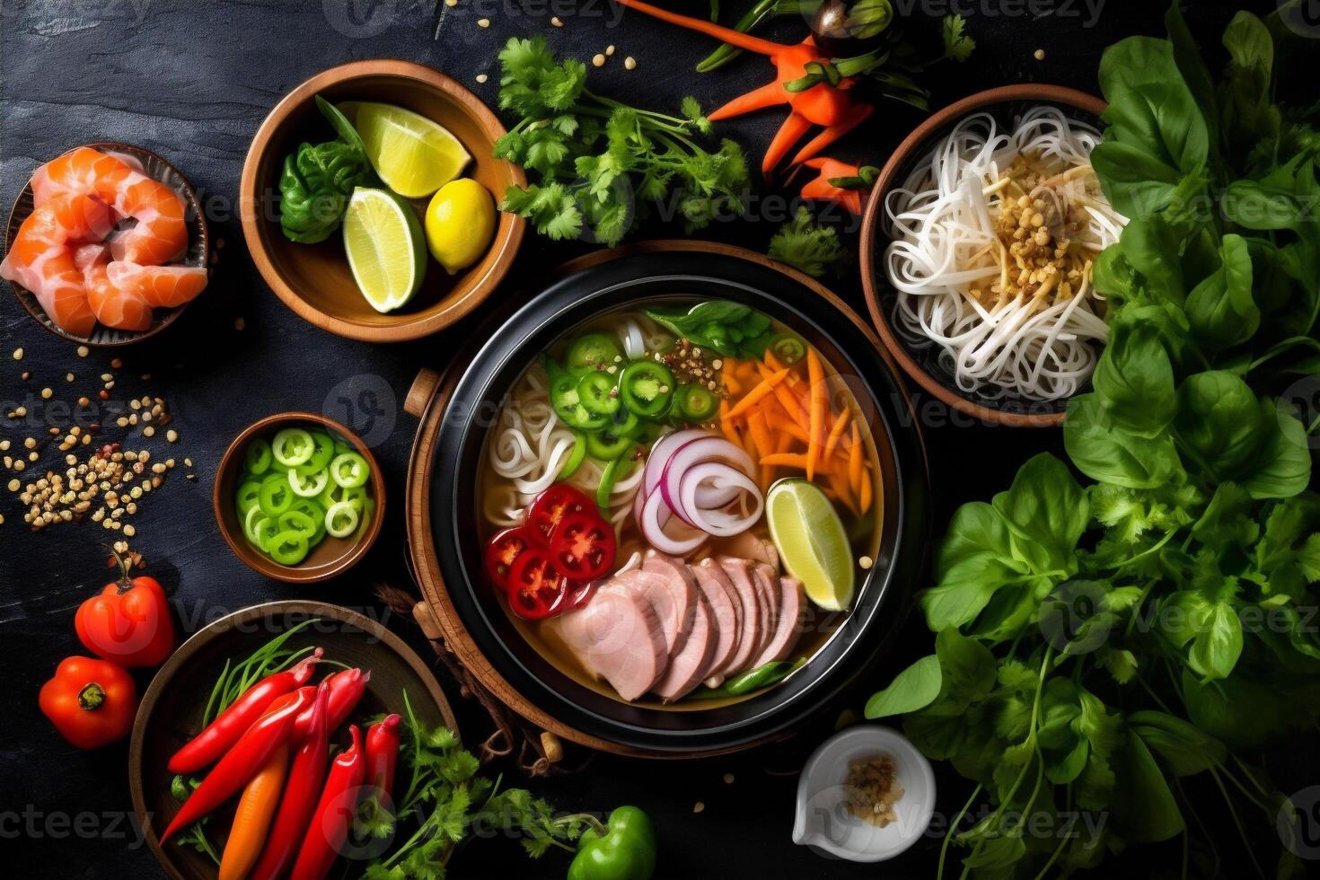 soup meal hot japanese asian white noodle background vegetable food bowl. Generative AI. photo