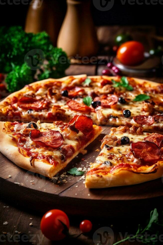 cheese homemade meal pizza fast italian food food copy tomato background space black. Generative AI. photo
