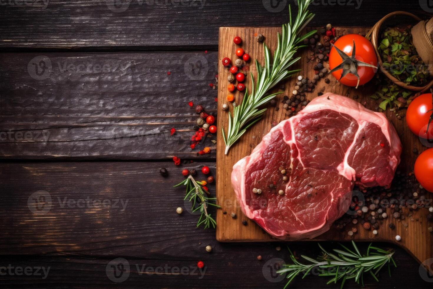 grill meat red background dark beef steak raw food salt fried. Generative AI. photo