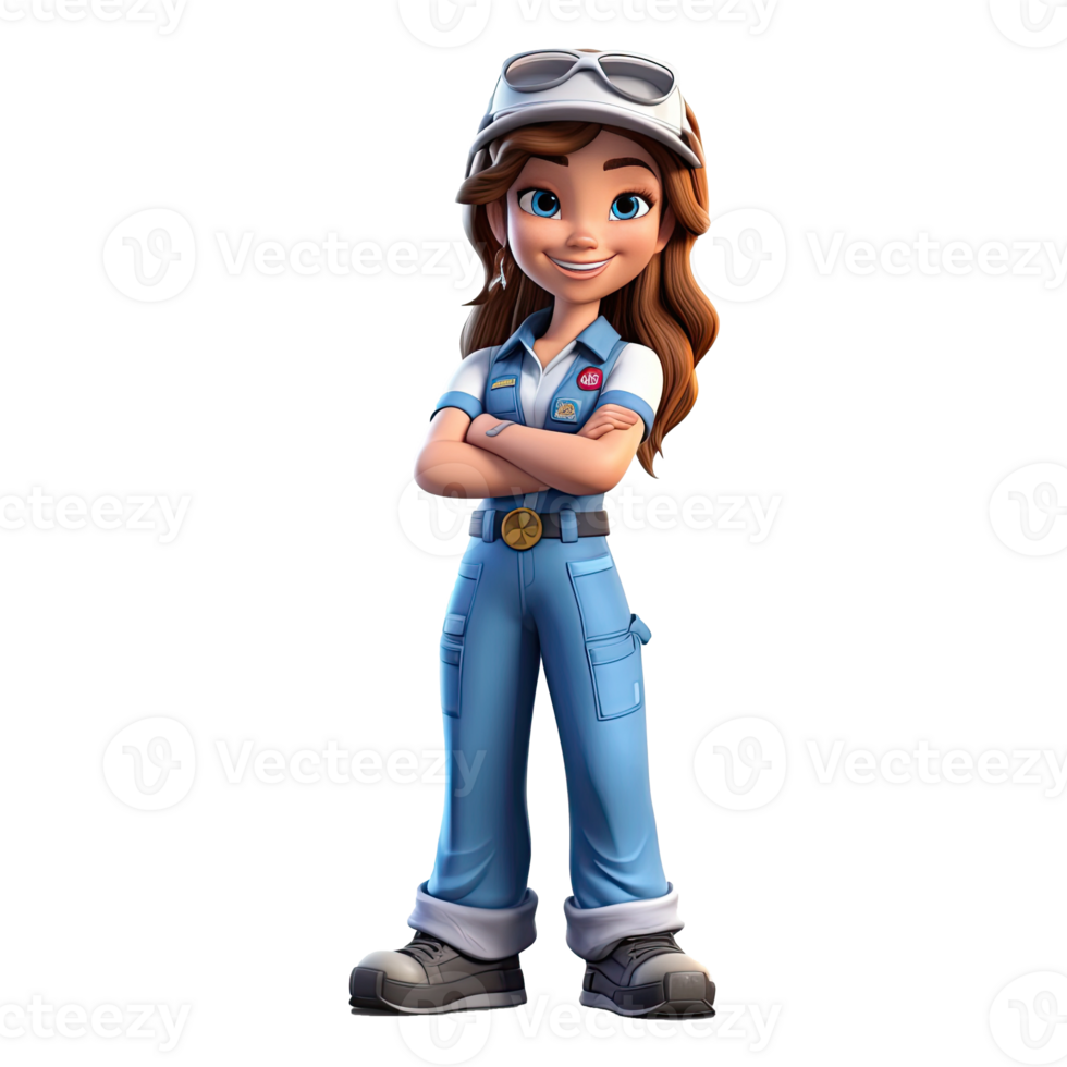 3D cartoon female mechanic character on transparent background. png