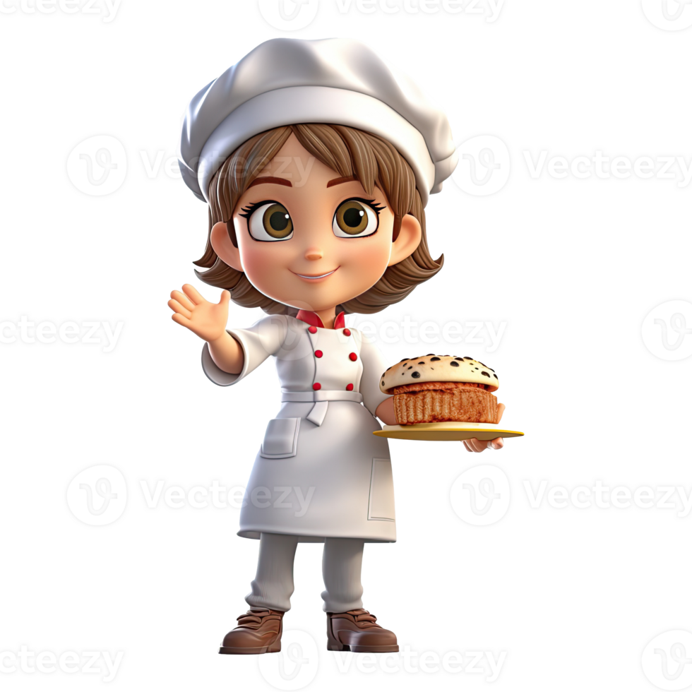 Cute cartoon female chef character on transparent background. Generative AI png