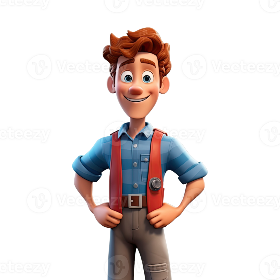 3D cartoon mechanic character on transparent background. png