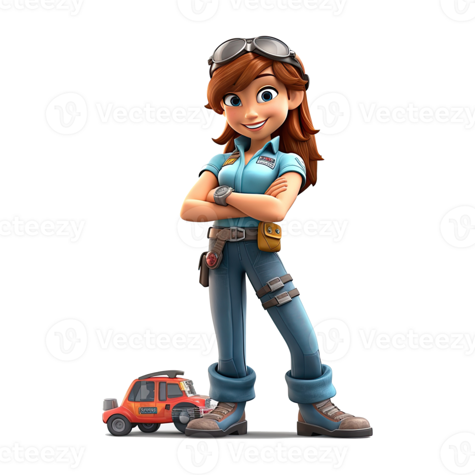 3D cartoon female mechanic character on transparent background. png
