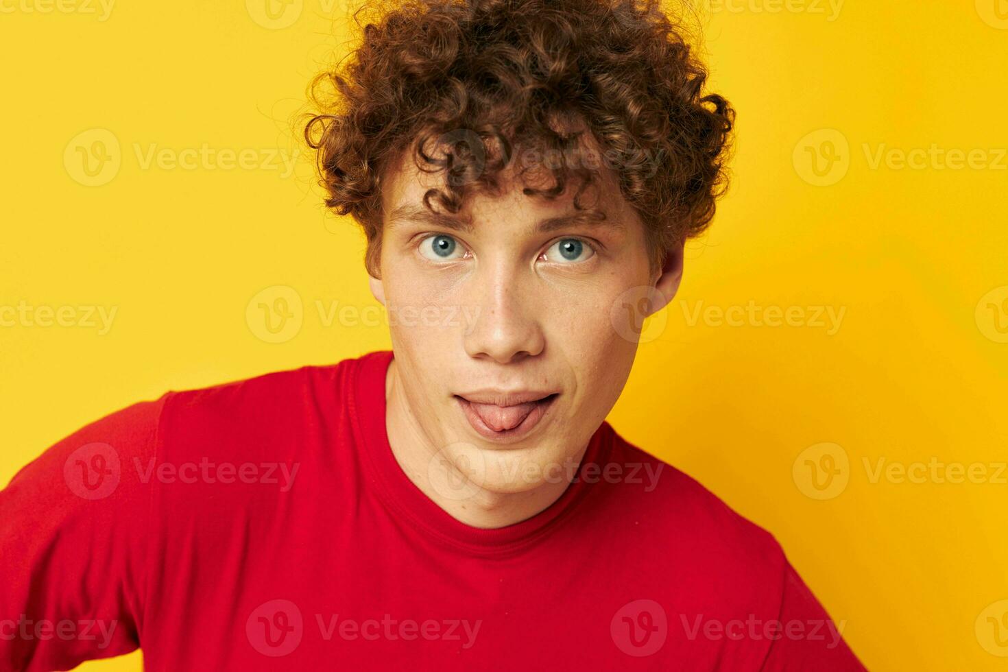 guy with red curly hair summer style fashion posing yellow background unaltered photo