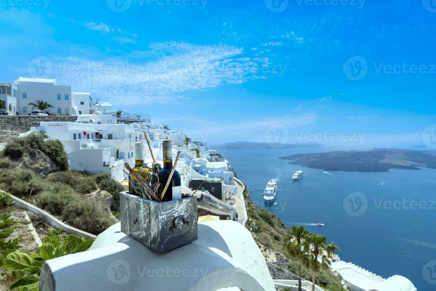 Greece Islands, scenic panoramic sea views of Santorini island from top outlook of Fira village photo