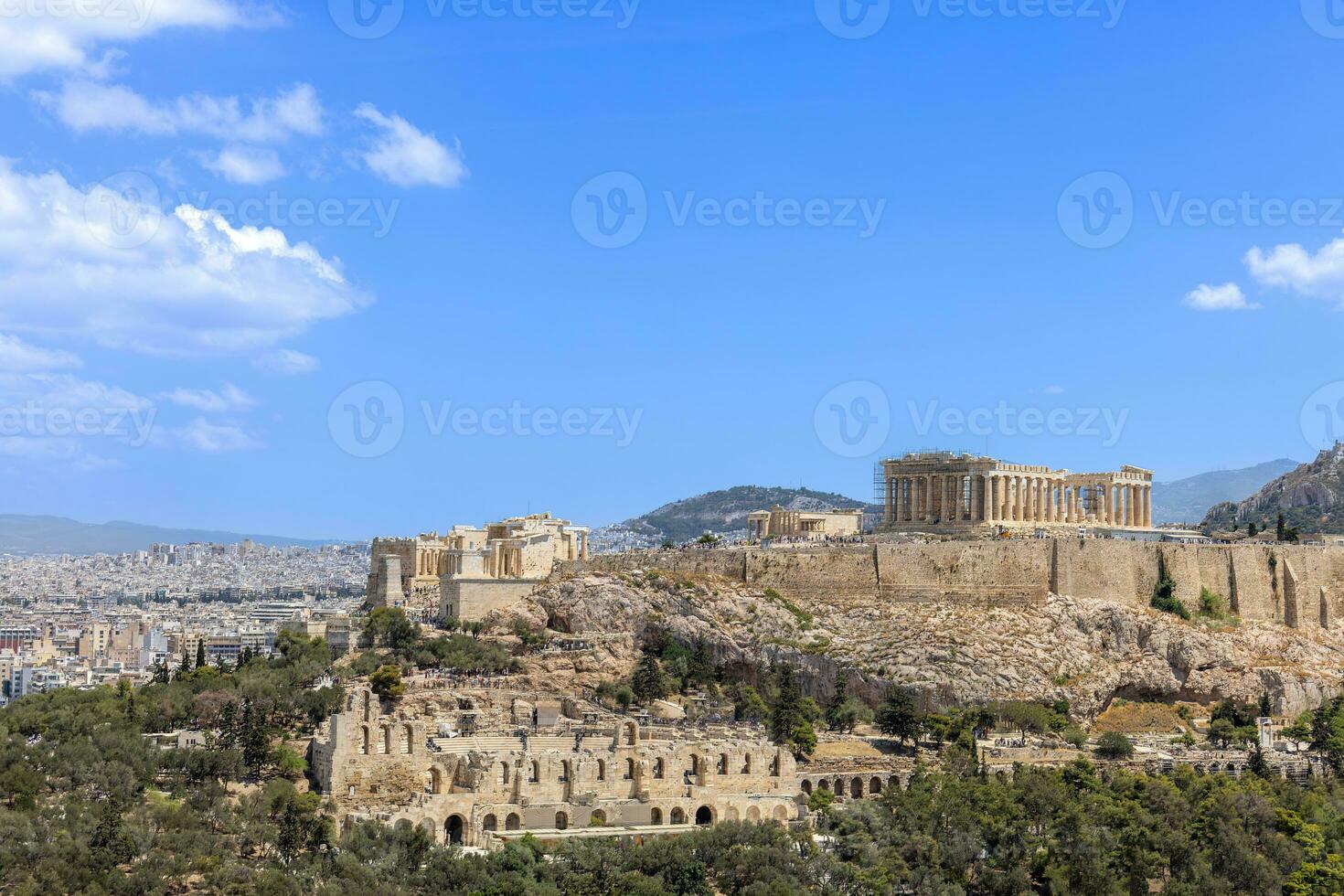 Ancient landmark citadel Acropolis of Athens seen from the Hill of the Muses, Philopappos Hill photo