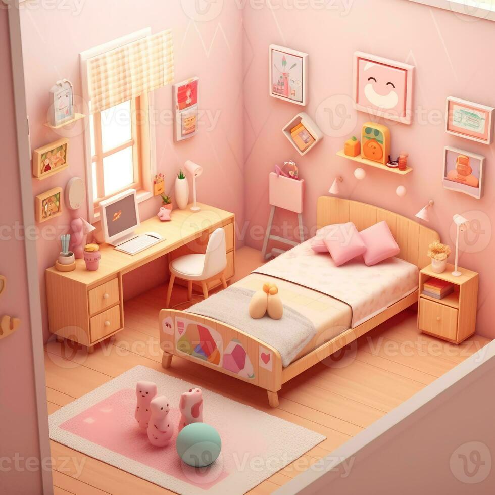 3d hacer de linda dormitorios con escritorio ilustraciones, linda niños dormitorio ilustraciones foto