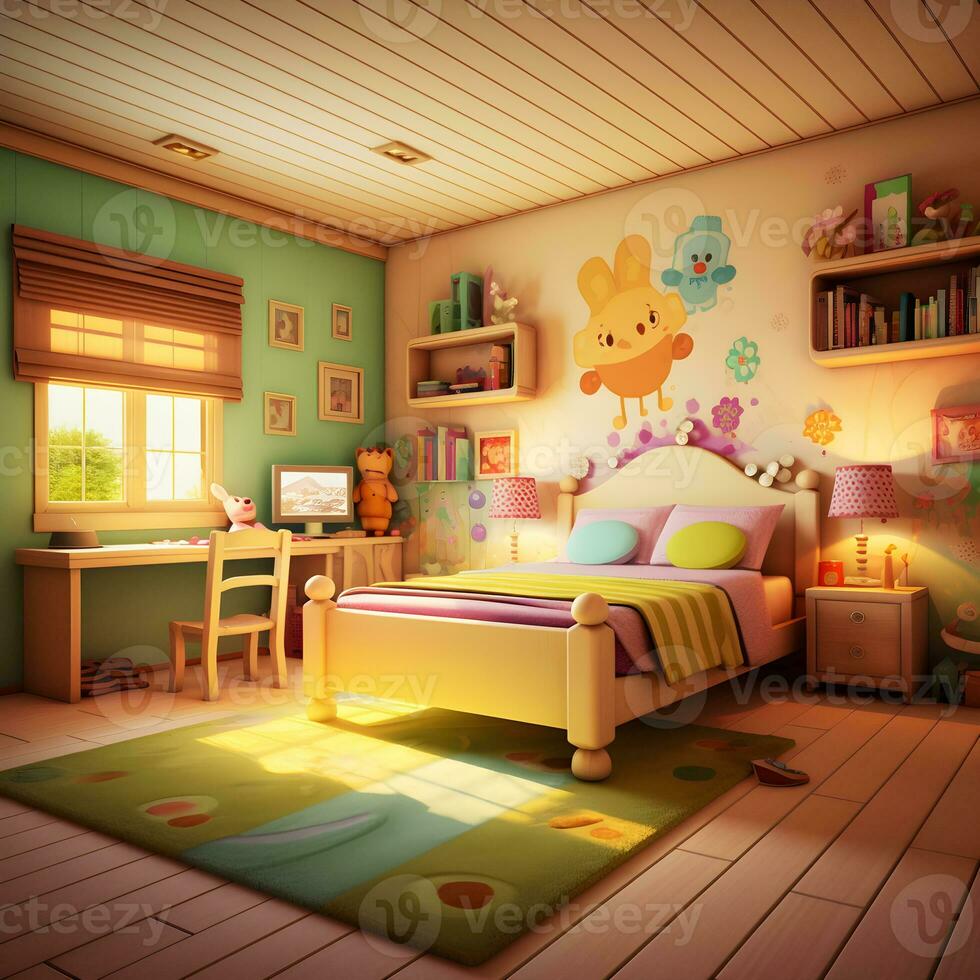 3D Render of Cute bedrooms with desktop illustrations, Cute Kids Bedroom illustrations photo