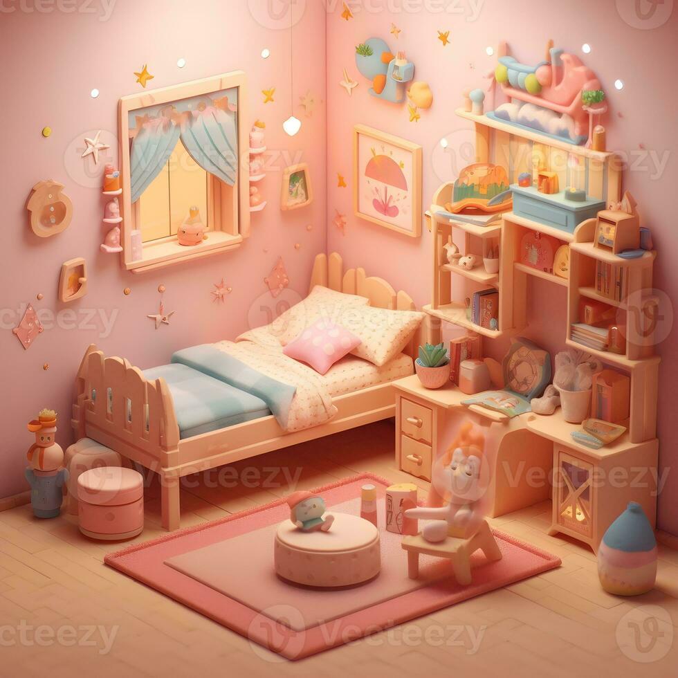 3D Render of Cute bedrooms with desktop illustrations, Cute Kids Bedroom illustrations photo