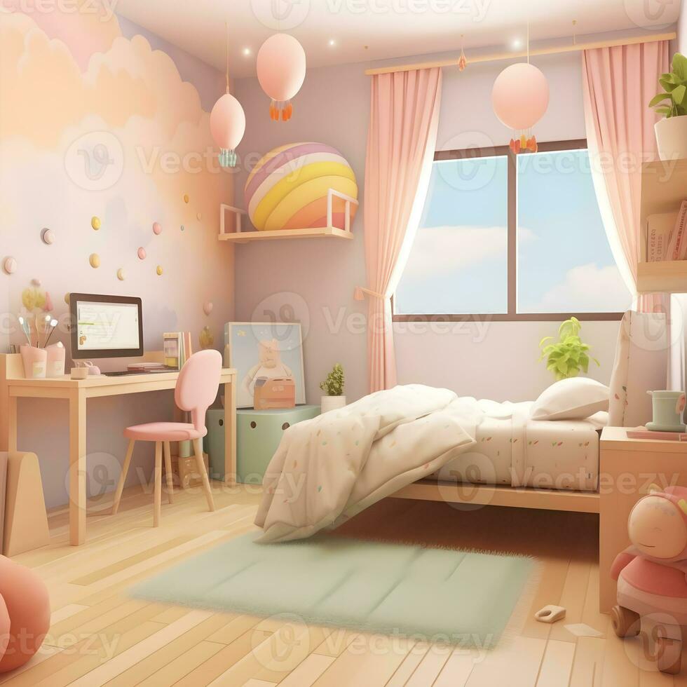 3D Render of Cute bedrooms with desktop illustrations, Cute Kids Bedroom illustrations photo