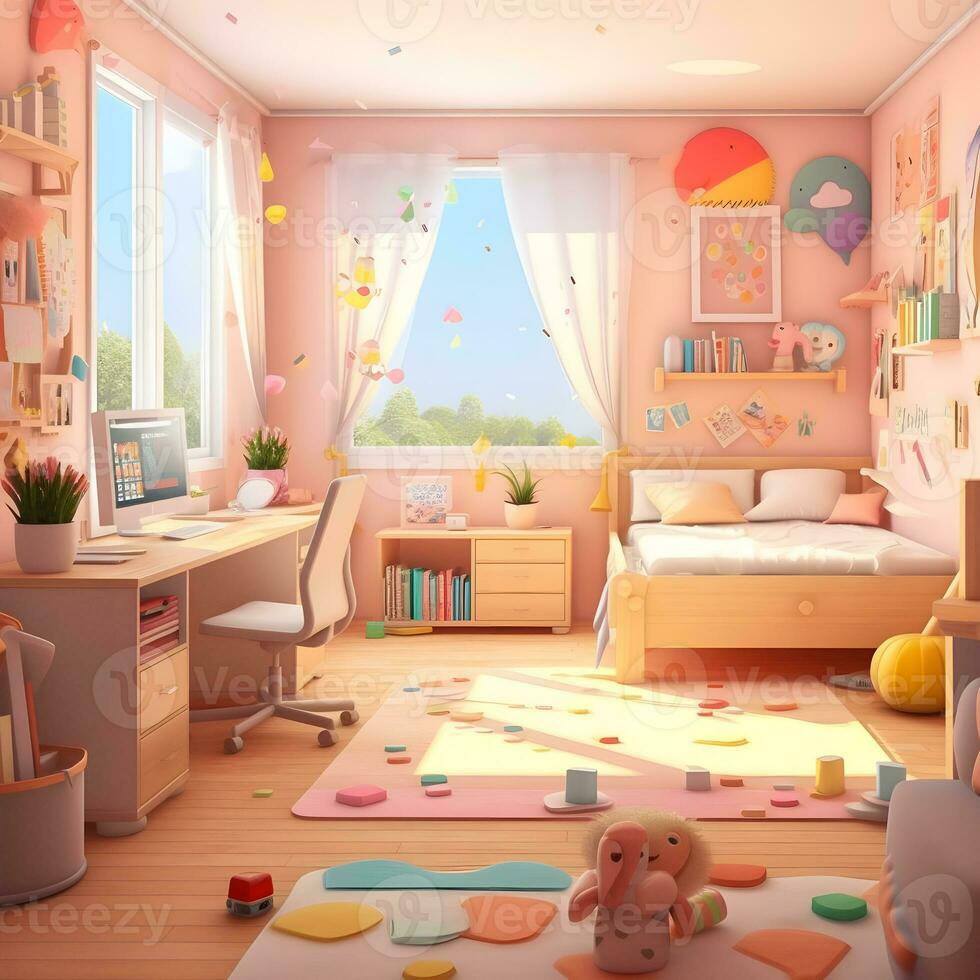 3D Render of Cute bedrooms with desktop illustrations, Cute Kids Bedroom illustrations photo