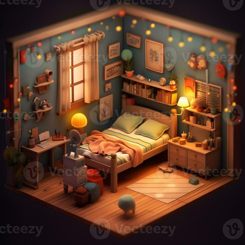 3D Render of Cute bedrooms with desktop illustrations, Cute Kids Bedroom illustrations photo