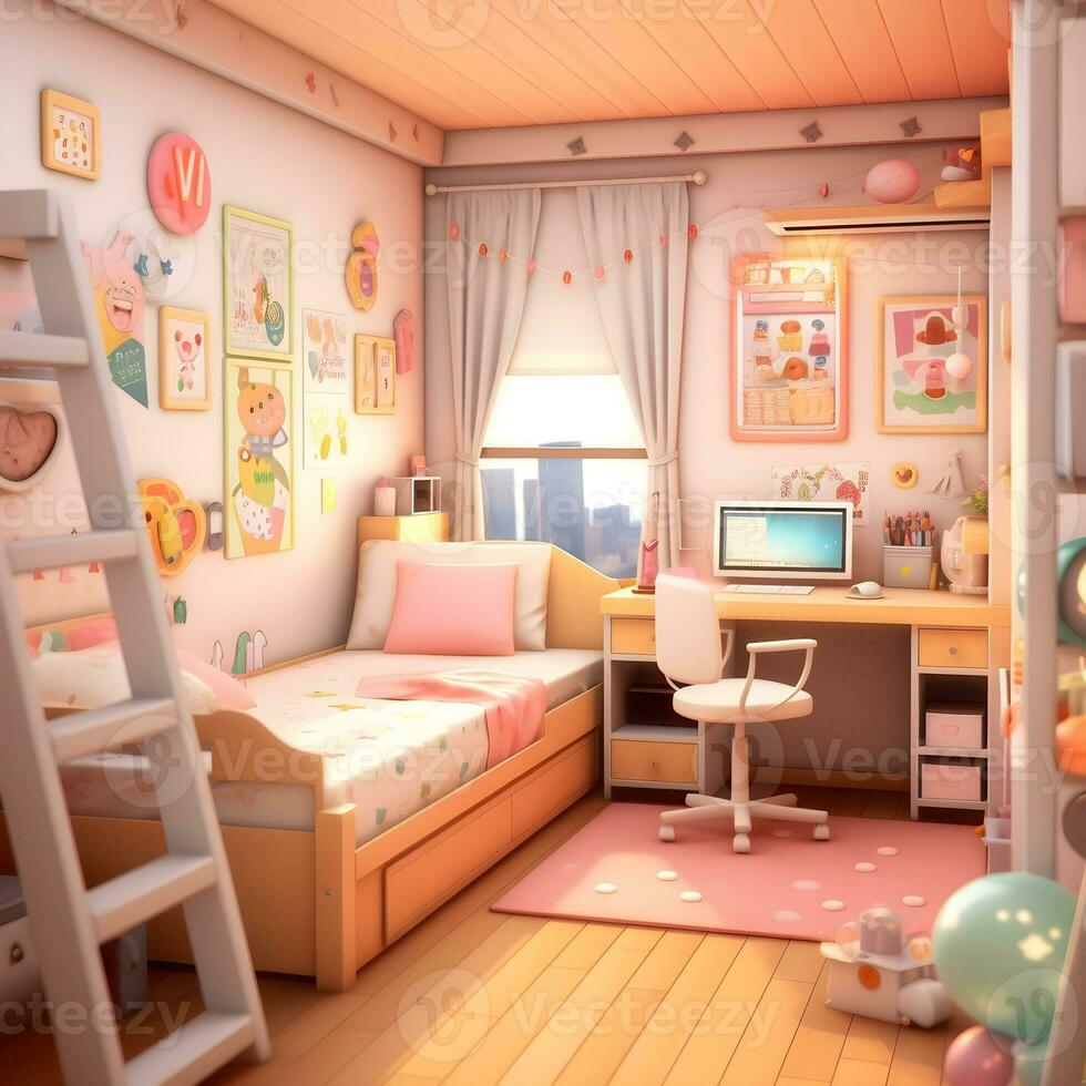 3D Render of Cute bedrooms with desktop illustrations, Cute Kids Bedroom illustrations photo