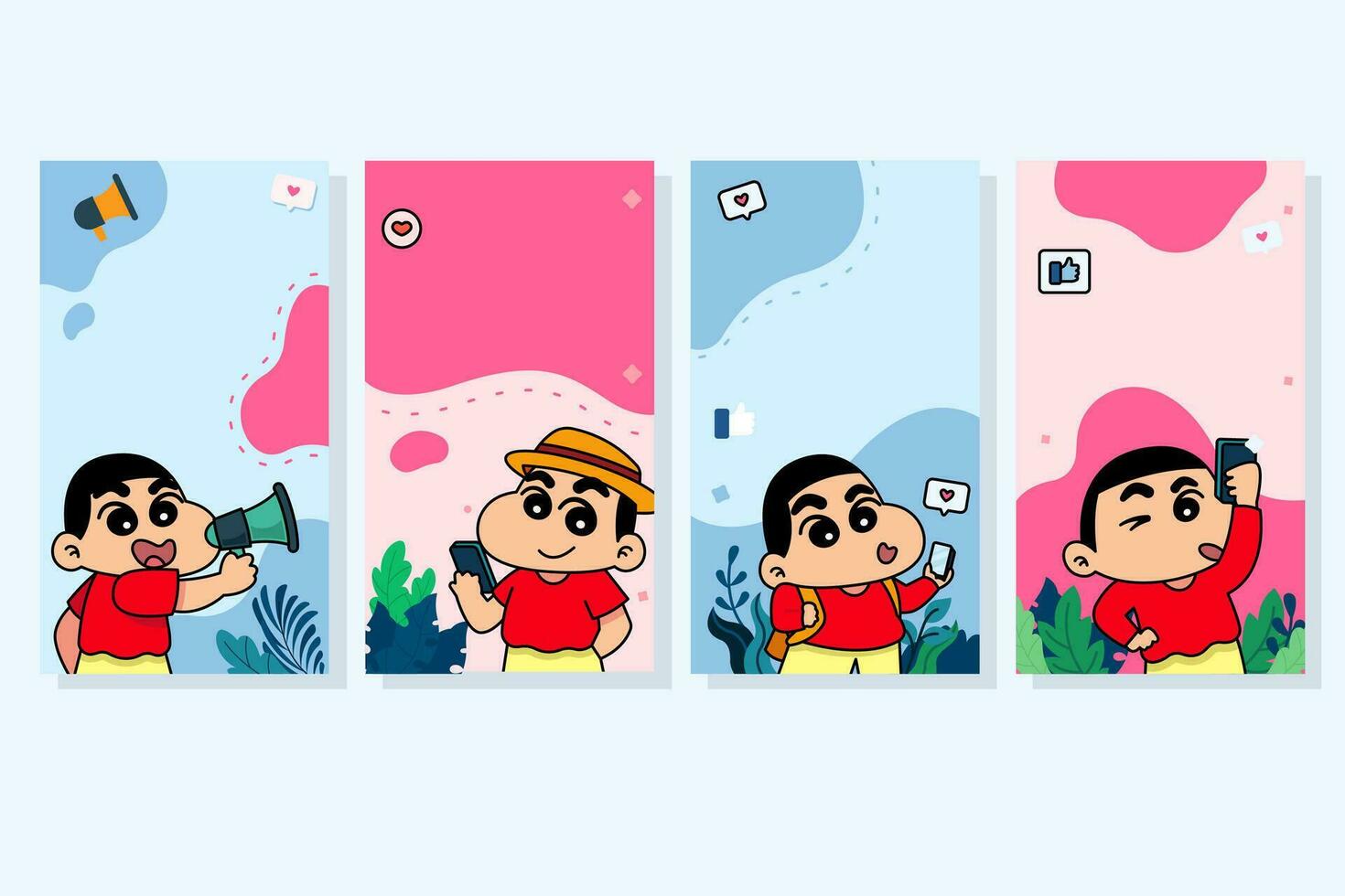 Collection of Cute Boy Playing with Mobile Phone Story Social Media vector
