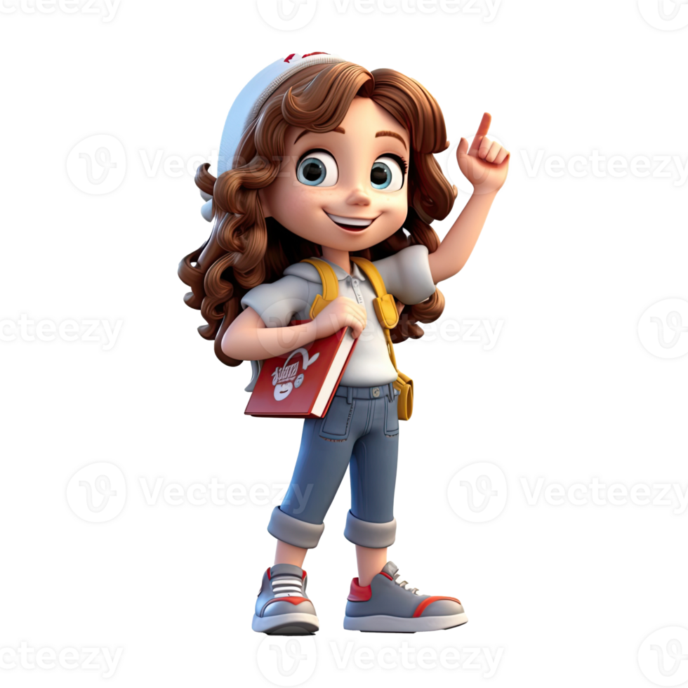 Cute cartoon girl student character on transparent background. Generative AI png