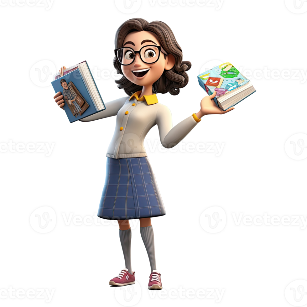 3D Cute cartoon female teacher character on transparent background. png