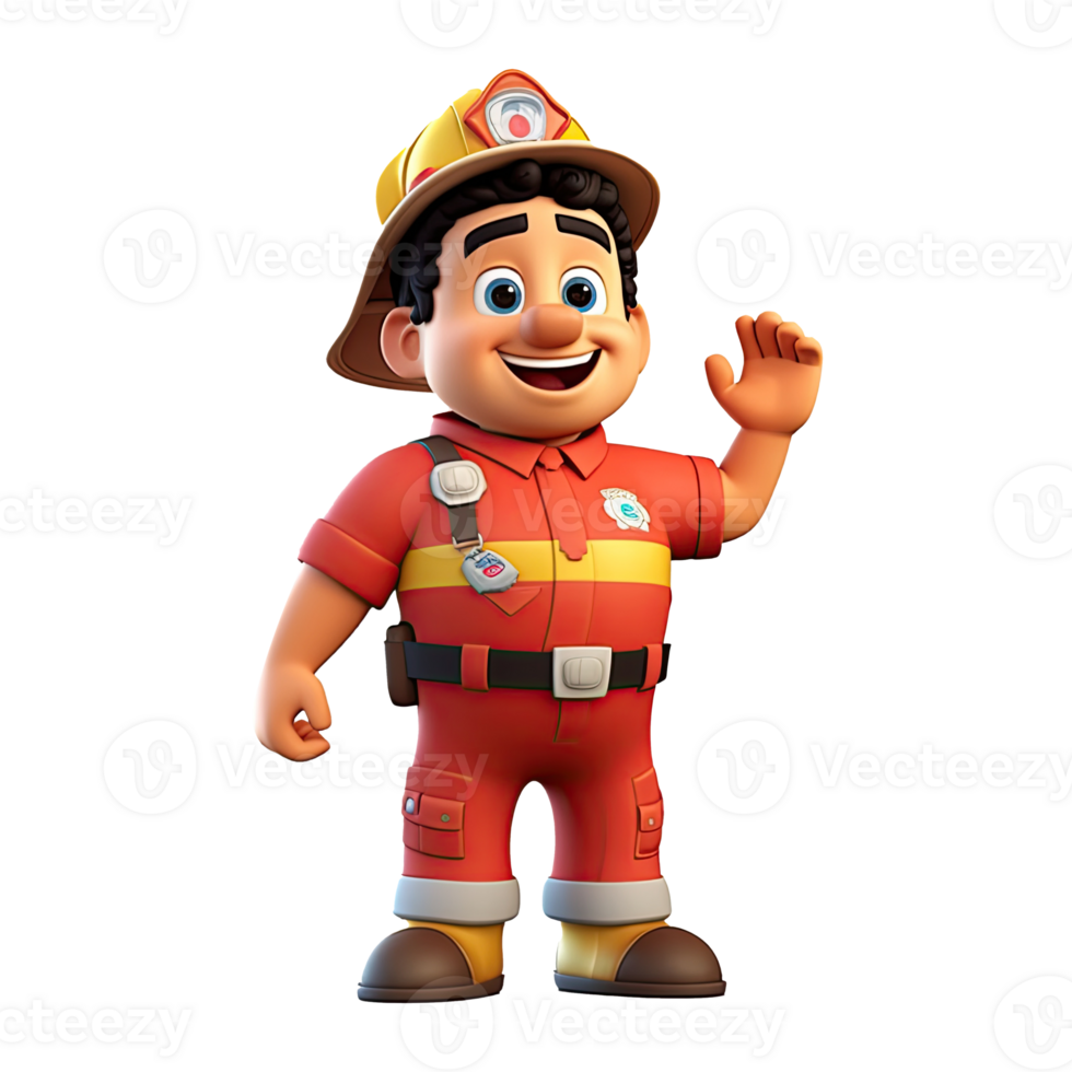 3D cartoon firefighter character on transparent background. Generative AI png