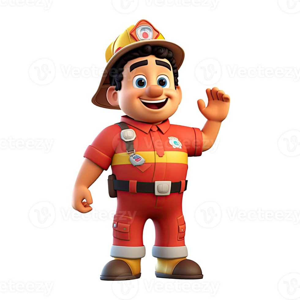 3D cartoon firefighter character on transparent background. png